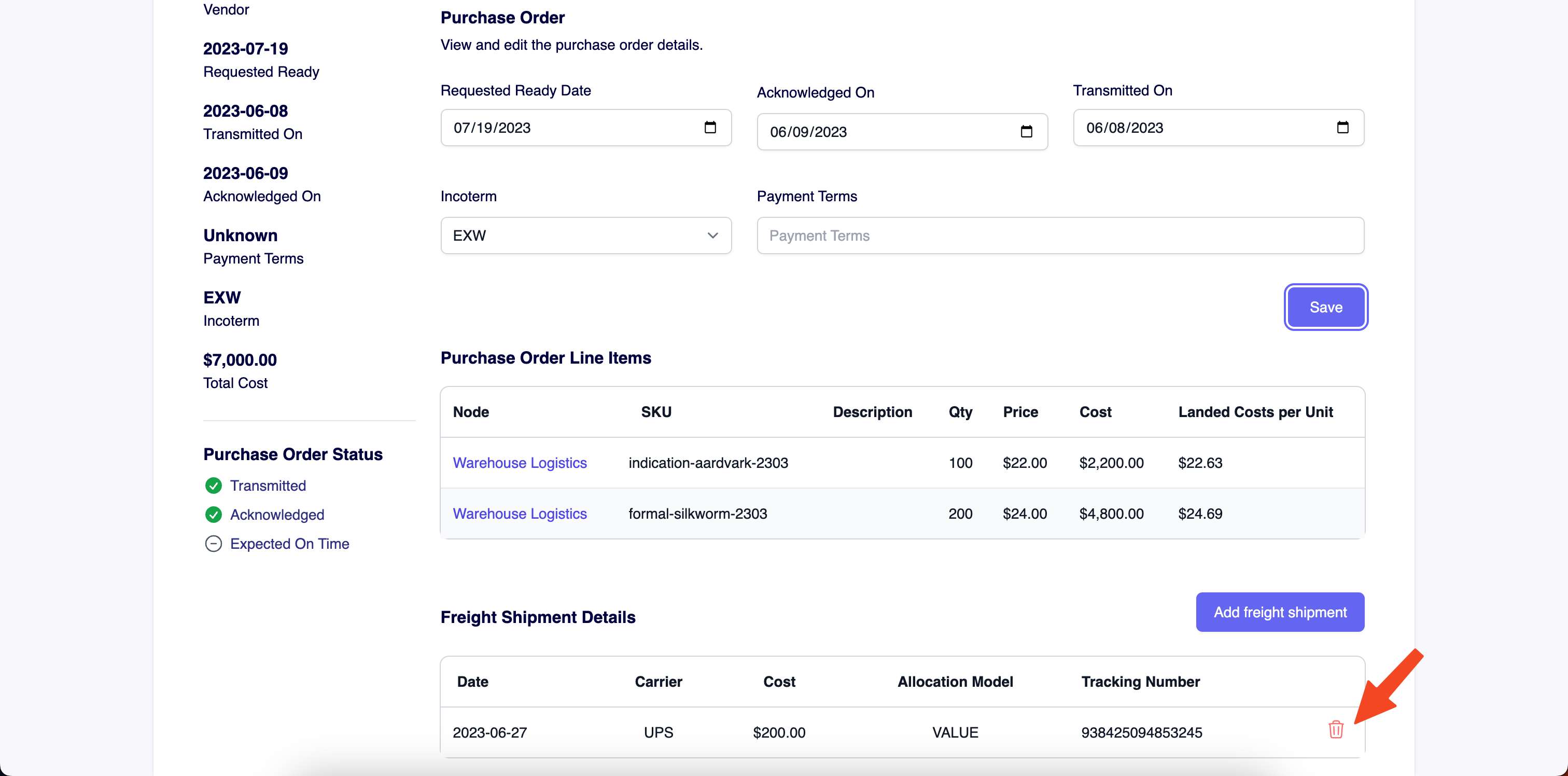 Edit a freight shipment